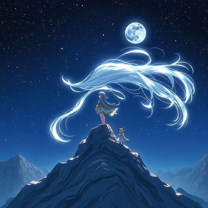 This captivating anime wallpaper features a young girl standing on a mountain, her hair flowing like a river of light under the moonlight.