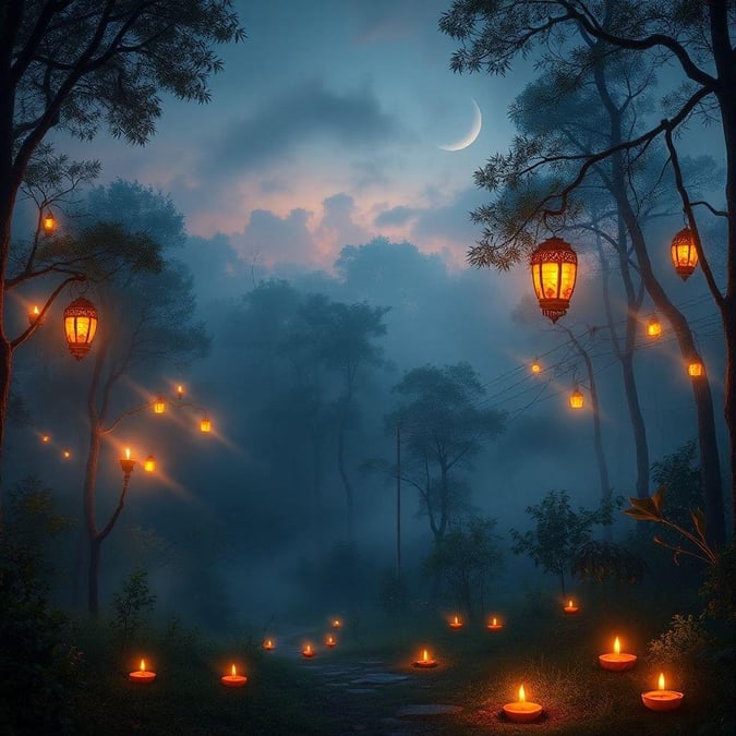 A mystical scene in the forest during the Indian festival of Diwali. A trail of oil lamps guide the way through the misty path, as the full moon casts its glow on the landscape.