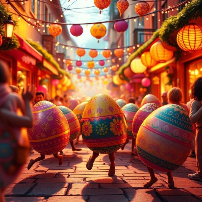 Vibrant scene from an Easter celebration featuring people running with decorated eggs in a European town.