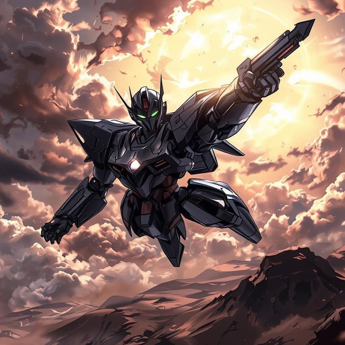 En slående illustration i anime-stil som fångar det spännande ögonblicket av en mech-pilot som svävar över ett öde landskap under en dramatisk himmel. Den bepansrade figuren, strålande i svart, står mot bakgrunden av en tumultartad himmel där mörka moln och ljusa solstrålar konvergerar och skapar en kraftfull visuell symfoni.