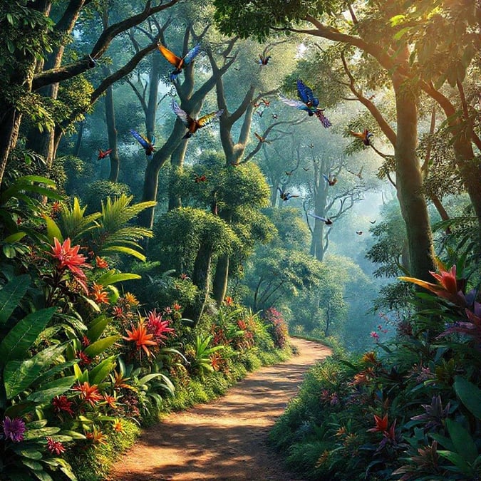 Escape to a tropical jungle paradise with this stunning wallpaper, featuring a winding path through a lush forest filled with exotic plants and birds.