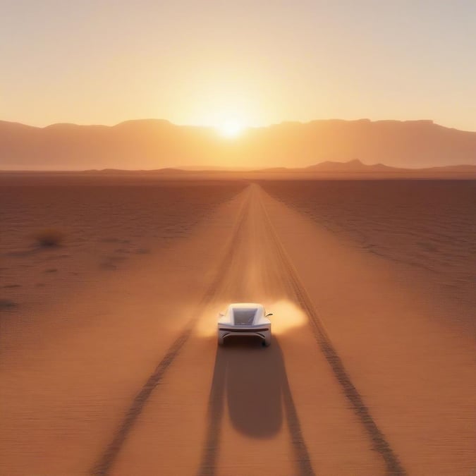 Embark on an adventurous drive through the desert at sunset with a cutting-edge electric car.