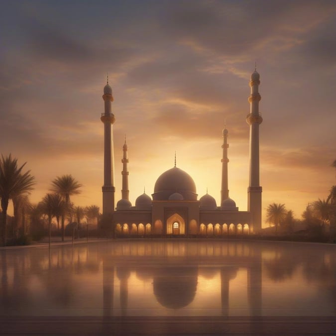 A breathtaking image of a majestic mosque at sunset, surrounded by lush greenery and a vibrant sky.