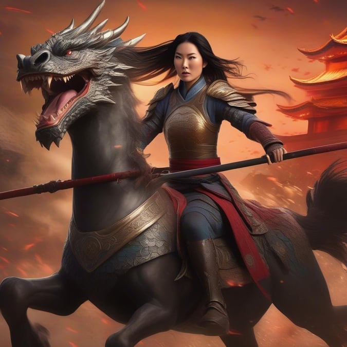 A warrior-like Disney character is seen riding a majestic black horse with a fierce dragon head. She is poised for battle, sword in hand, against an epic backdrop of a sunset over a temple.