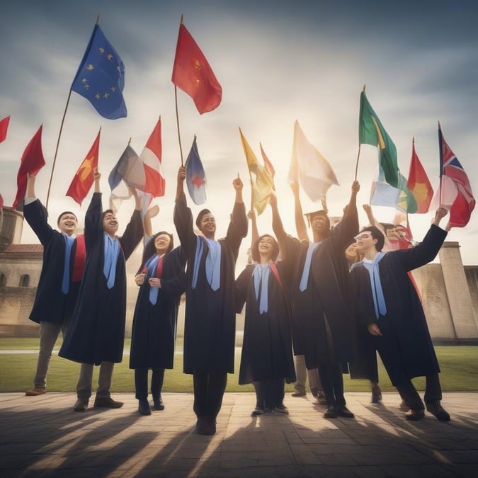 A group of graduates holding their country flags, celebrating their achievements together.