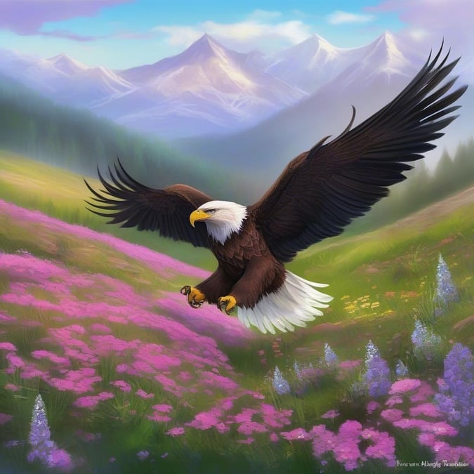 An American eagle in mid-flight, soaring above a vibrant field of pink flowers, with majestic mountains forming the backdrop. A serene and picturesque scene perfect for a desktop or mobile wallpaper.