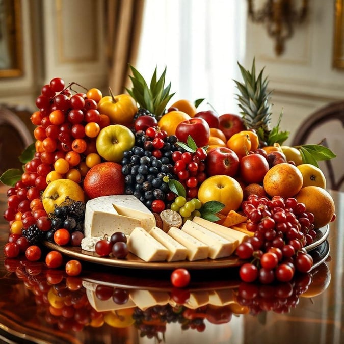 An array of vibrant fruits and cheeses, served on a golden plate, perfect for a casual gathering or to brighten up your desktop.