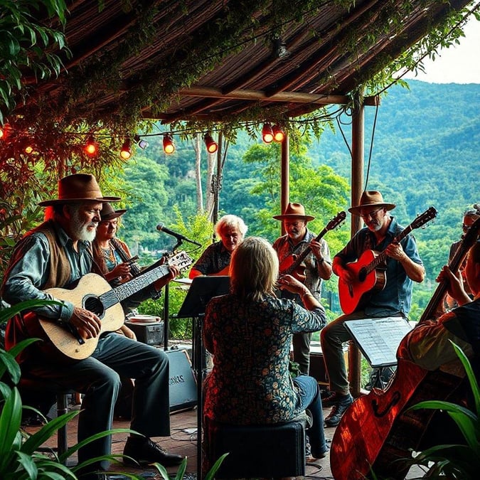 Enjoy an evening of mountain music with this ensemble of skilled musicians. They are playing a variety of string instruments, from guitars to cellos, and there's even a banjo! The rustic setting, complete with string lights, adds to the charm of this outdoor performance.