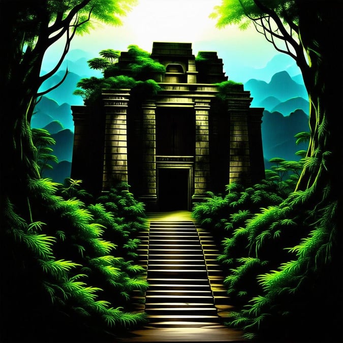 A mysterious, ancient stone temple hidden amidst dense foliage in a lush forest, with steps leading up to its entrance and majestic mountains rising in the background. A place of tranquility and historical significance.