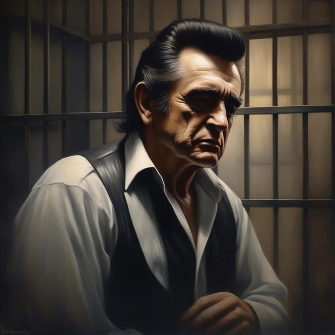 This captivating image features Johnny Cash sitting in a prison cell, exuding a sense of introspection and contemplation. The dimly lit cell, with its cold stone walls and iron bars, provides a stark contrast to the warmth and humanity of Cash's expression.