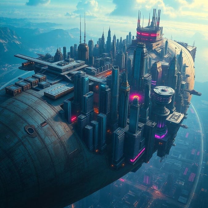 An aerial perspective of a sprawling futuristic city, nestled within the hull of an airship. This breathtaking view captures the interconnectedness and bustling life of this floating metropolis. The juxtaposition of industrial machinery and organic architecture is a testament to human ingenuity and our drive towards the unknown.