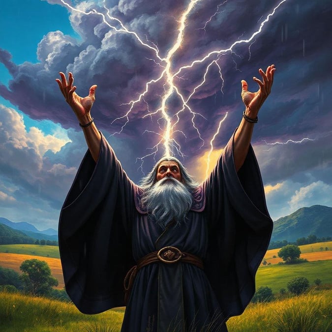 A powerful mage reaches up to the sky, embracing a thunderstorm. The raw power of nature is his ally in this fantasy art.