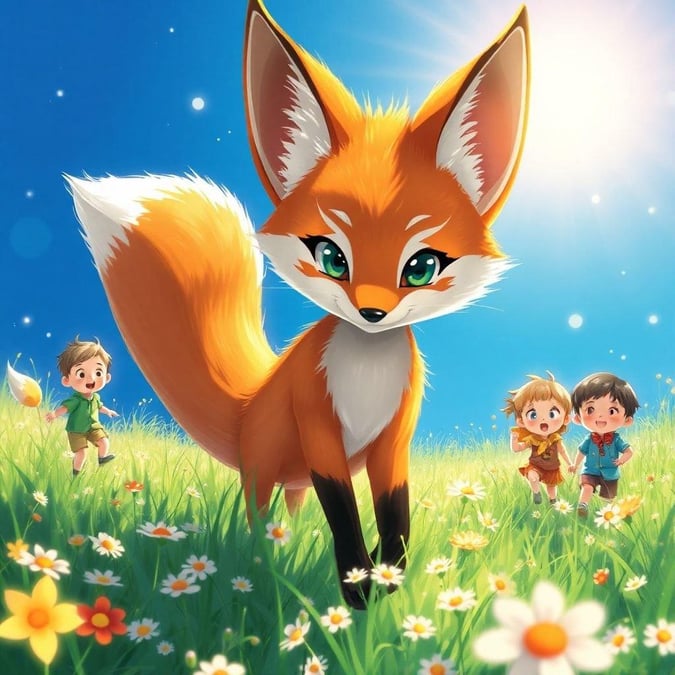 Une illustration anime délicieuse d'un esprit renard entouré de jeunes enfants jouant dans un pré baigné de soleil, capturant un moment de joie et d'innocence.