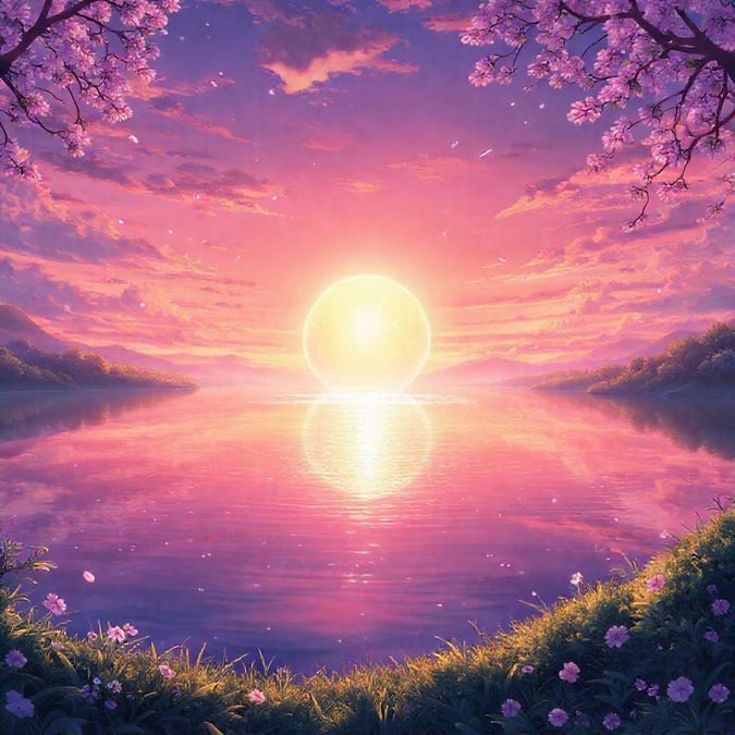 This anime-style sunset wallpaper features a serene lake scene with a glowing light source at its center, surrounded by a warm and peaceful atmosphere.