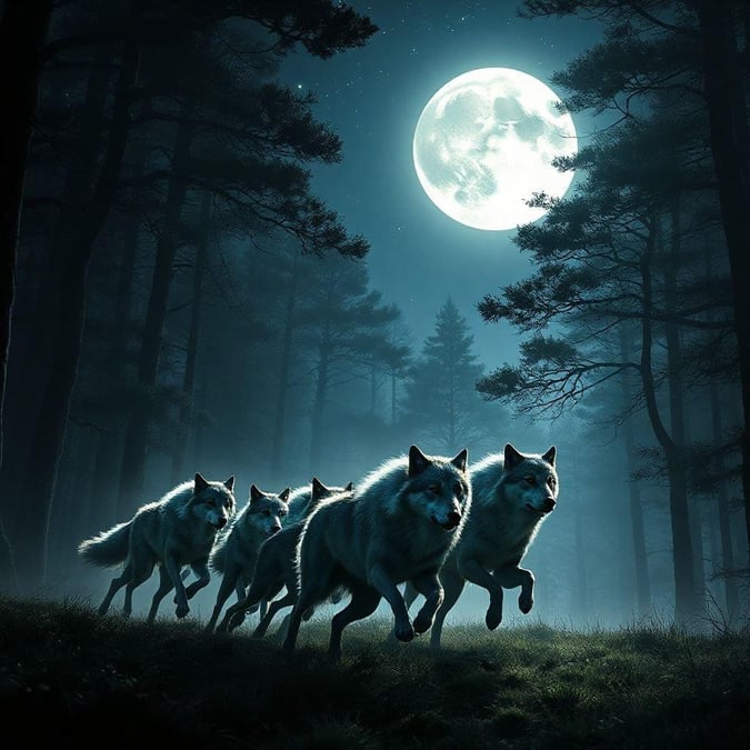 A captivating wolf run set against the backdrop of a full moon in a forest at night.