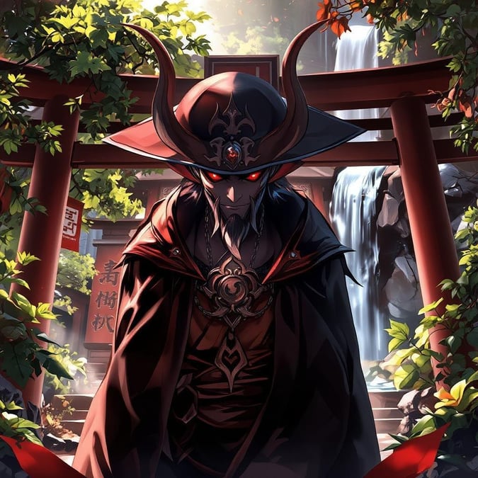 A captivating anime illustration of a majestic demon standing at the entrance to a Shinto shrine, surrounded by lush greenery and a serene waterfall, capturing a moment of tranquility.