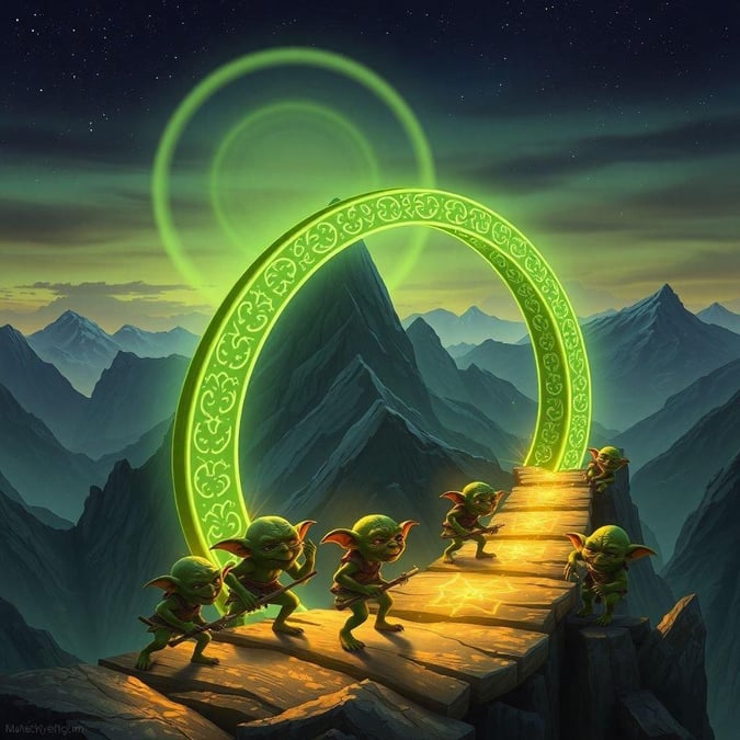 A fantastical journey where brave dwarves venture beyond the treacherous mountains, guided by a mystical green ring.