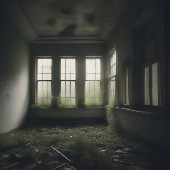 A desolate room filled with natural light streaming in through broken windows, suggesting a scene of abandonment and the passage of time.