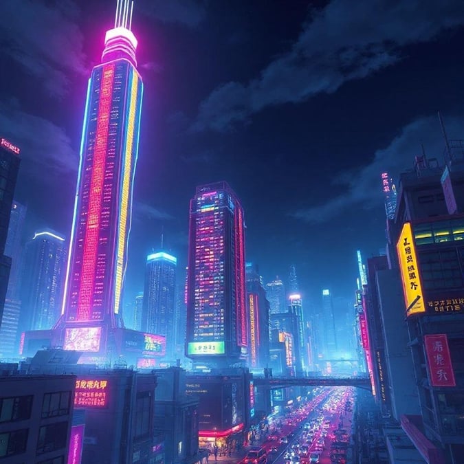 Esta é uma paisagem urbana futurista que realmente captura a essência de uma metrópole inspirada no anime. A cena se passa contra um fundo de arranha-céus imponentes, com suas luzes de néon brilhantes projetando um brilho vibrante contra o céu noturno. Proeminente nesta paisagem urbana está um alto arranha-céu que se destaca por suas distintas listras rosa e vermelha no topo e uma grande tela holográfica em seu lado. As ruas abaixo estão vivas com a energia agitada de uma cidade que nunca dorme, onde cada janela reflete as luzes brilhantes de cima. Esta imagem é perfeita para aqueles que amam cidades futuristas no estilo anime.