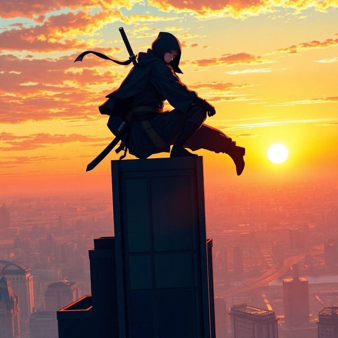 This stunning anime wallpaper features a ninja assassin perched on top of a skyscraper, set against the breathtaking backdrop of a sunset.