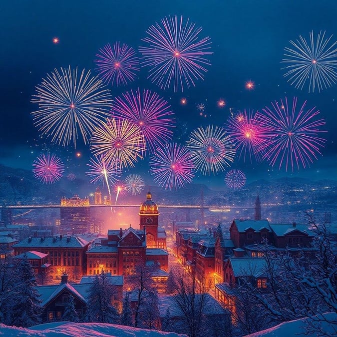 This stunning wallpaper captures the magic of a winter wonderland, complete with snow-covered buildings and a breathtaking fireworks display. The perfect way to add some festive cheer to your desktop or mobile device.