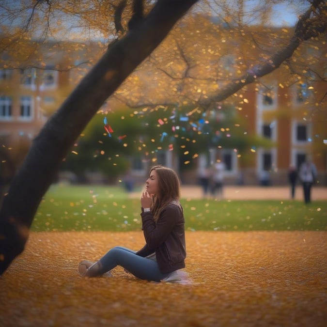 A young woman sitting on the grass, contemplating her future after graduation. The setting is a park with golden fall foliage and colorful confetti falling from the sky, capturing the joyous and sentimental moment of this milestone.