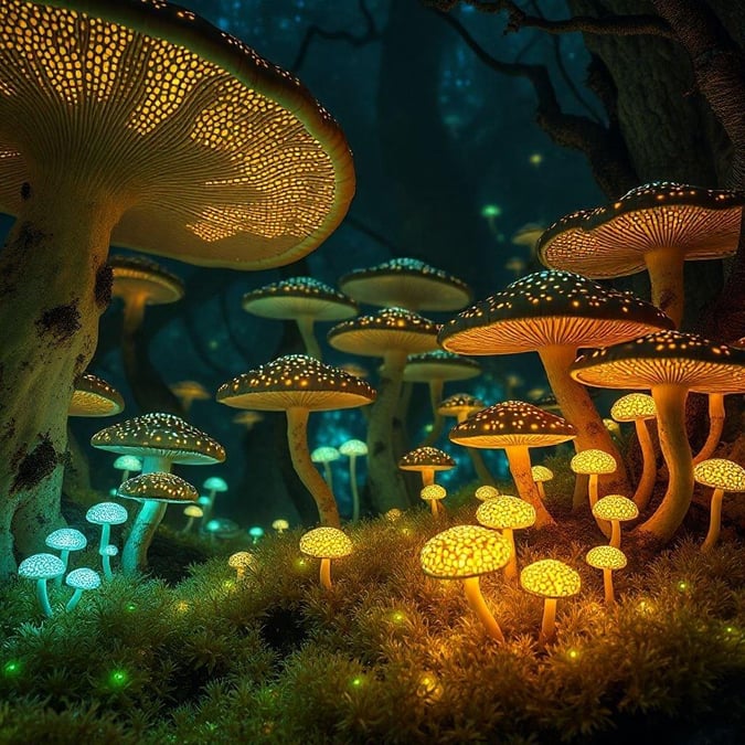 Immerse yourself in the mystical beauty of a forest where trees are replaced by an enchanting array of mushrooms. A mesmerizing wallpaper for your desktop or mobile device.