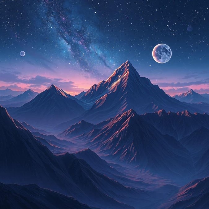 A tranquil night scene with majestic mountains under a starry sky. The warm glow of the setting sun casts long shadows and bathes the landscape in a soft, purplish hue.