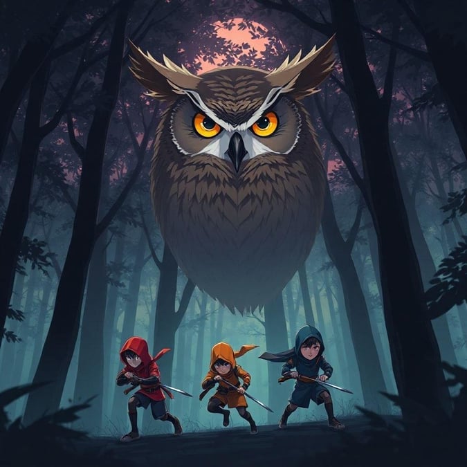 Get ready to embark on a thrilling adventure with this stunning anime wallpaper featuring a group of young ninjas sneaking through a forest under the watchful eye of an owl.