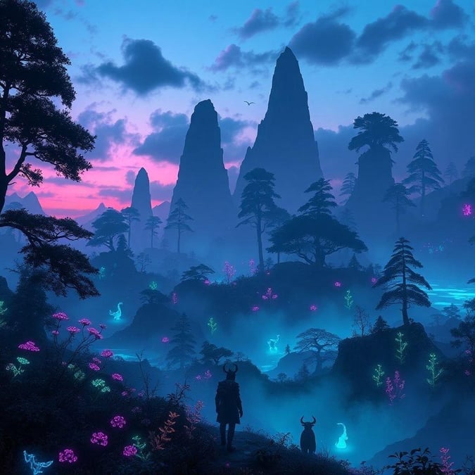 Explore the enchanting mystical realm where time seems to stand still. Walk through the ethereal landscape at twilight, with vibrant blues and pinks dancing in the sky. Stroll under the canopy of ancient trees adorned with glowing mushrooms, all under a starlit expanse that adds a magical touch. This wallpaper is a digital artwork designed for your desktop or mobile device to bring the fantasy world to life.