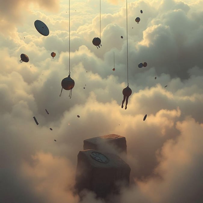 Dreamlike sky filled with hot air balloons floating freely, with one taking off from a mountain peak. A whimsical scene that might be seen at dusk in an imaginative world.