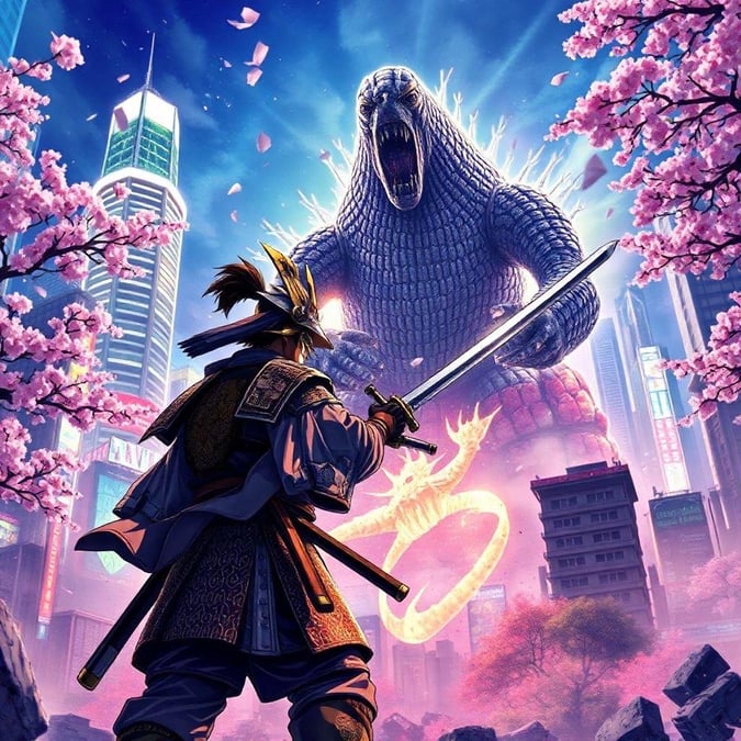 Get ready for an epic battle between a samurai and a giant kaiju in the heart of Tokyo. This stunning anime illustration brings to life a symmetrical fight between the two warriors, surrounded by colorful anime elements and a vibrant cityscape.