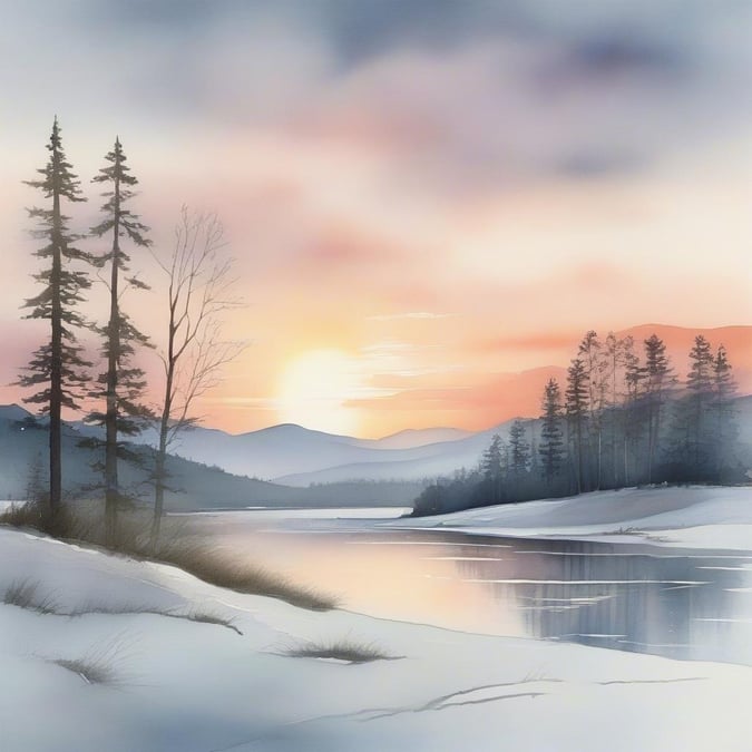 This serene winter landscape features a tranquil lake, snow-covered trees, and a picturesque sunset, creating a festive and peaceful atmosphere.