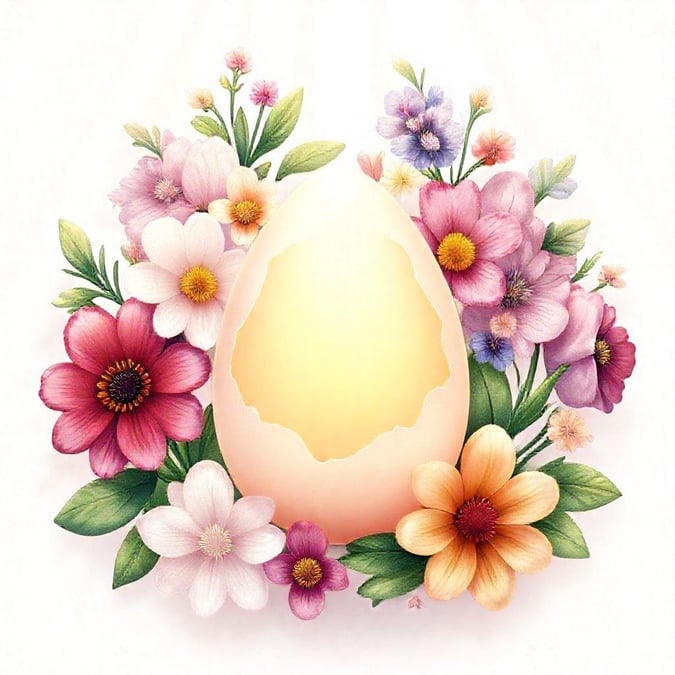 This beautifully designed wallpaper captures the spirit of Easter, featuring an egg that has just hatched. The shell is cracked open, and from within emerges a vibrant yellow chick, symbolizing new beginnings and hope. Surrounding the egg are whimsical flowers in shades of pink, purple, blue, and white, adding to the festive atmosphere.