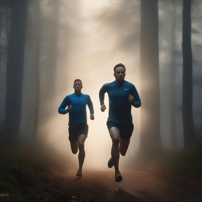 This image captures the dynamic movement of two men running in the forest, exuding a sense of energy and vitality.