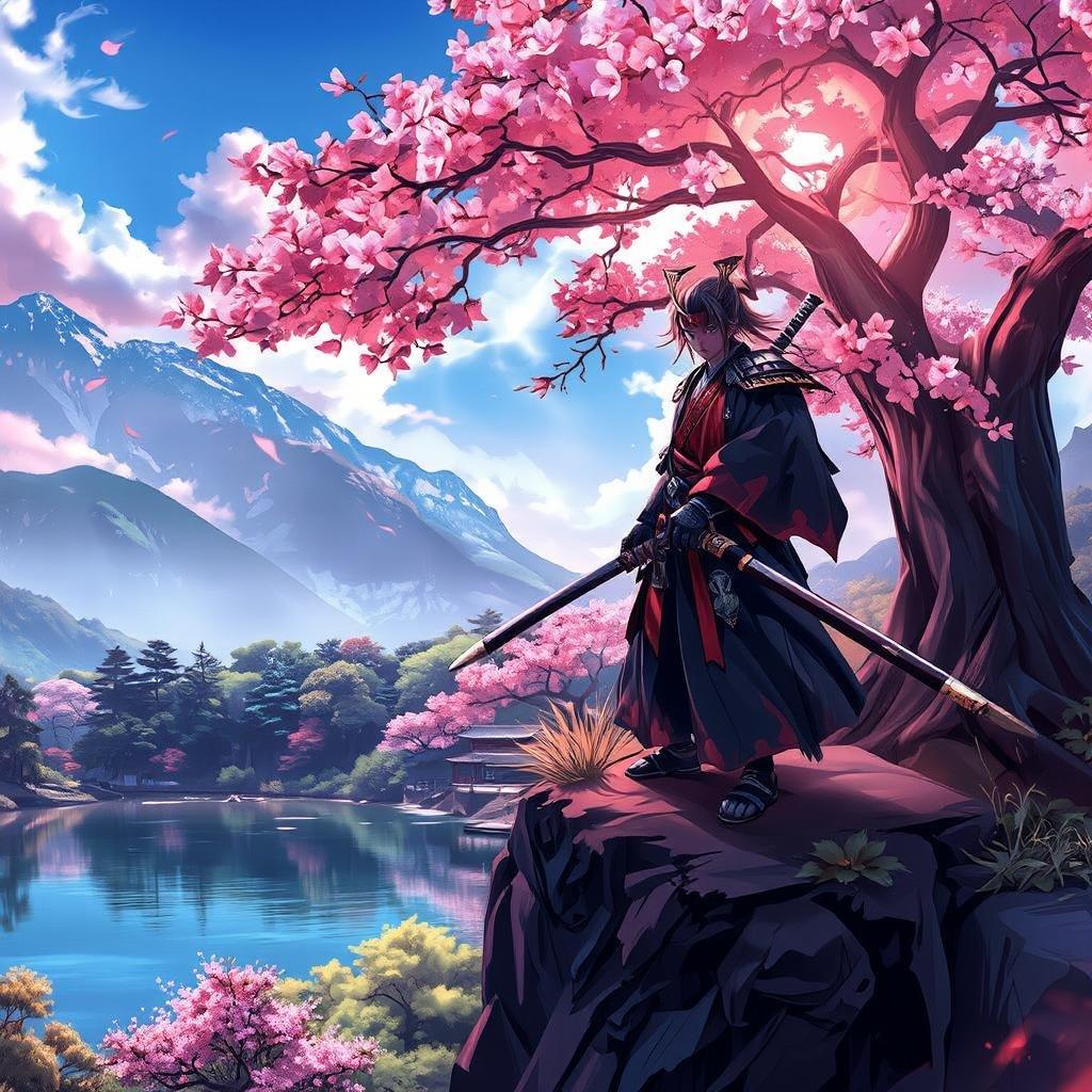 This stunning anime wallpaper features a samurai warrior standing on a cliff overlooking a serene lake, surrounded by a lush forest of cherry blossom trees. The illustration is a detailed anime-style scene with vibrant colors and intricate details, capturing the essence of Japanese culture and tradition.