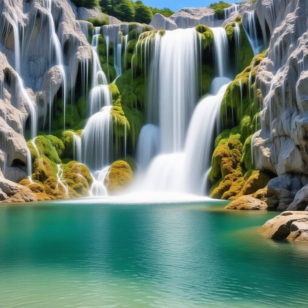 A captivating view of a waterfall cascading down the side of rocky cliffs, surrounded by lush greenery. This serene scene invokes a sense of tranquility and natural beauty.