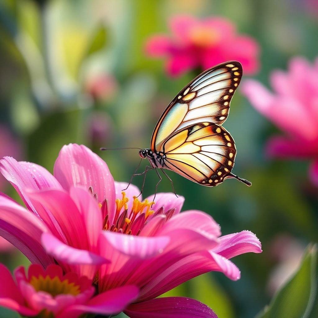 Vibrant pink flowers add a pop of color to this nature scene, featuring the delicate wings of a butterfly perched gracefully atop.