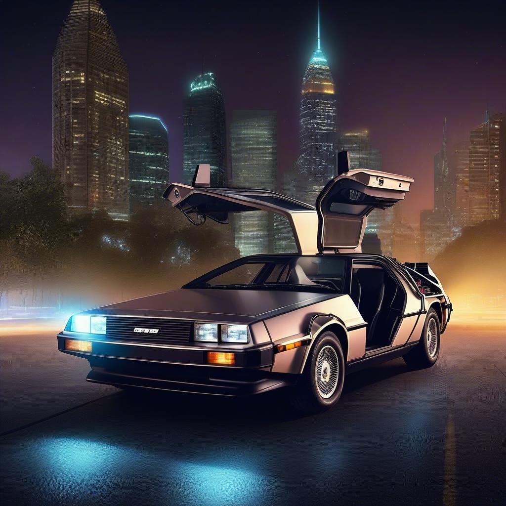 This stunning wallpaper features a DeLorean DMC-12, the iconic time-traveling vehicle from the 'Back to the Future' movie trilogy. The sleek, stainless steel body and gull-wing doors are perfectly captured in this image, making it a must-have for any fan of the franchise.