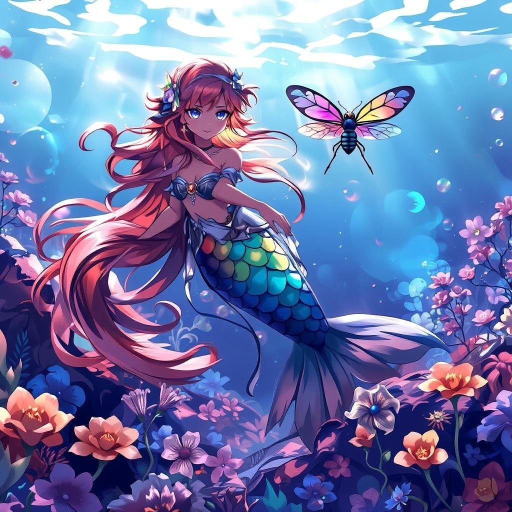 Dive into a magical underwater garden where a vibrant mermaid with rainbow-colored scales swims. She is accompanied by a playful dragonfly, creating a dynamic and enchanting scene.