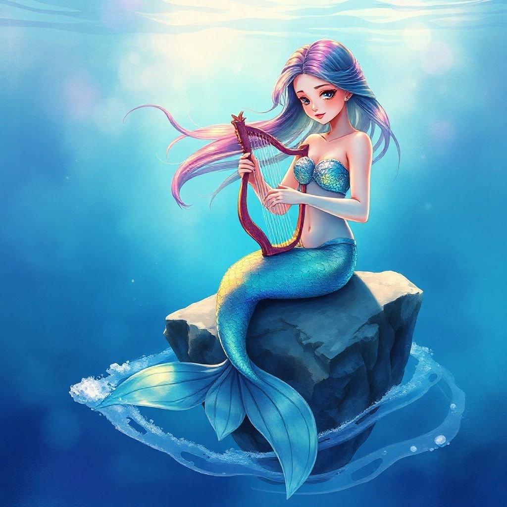 This anime-style wallpaper features a beautiful mermaid playing a harp, surrounded by a serene ocean landscape. The mermaid's long, flowing hair and shimmering tail are depicted in intricate detail, while the harp she plays adds a touch of elegance to the scene. The ocean background is a soothing shade of blue, with subtle waves and ripples that give the impression of movement and life.