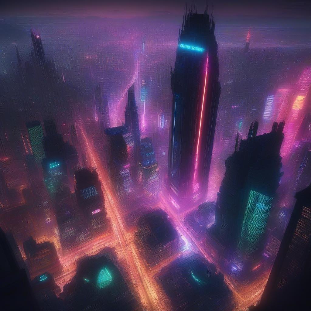 Un paysage urbain vibrant éclairé au néon dans un style cyberpunk futuriste, grouillant d'énergie après le coucher du soleil.