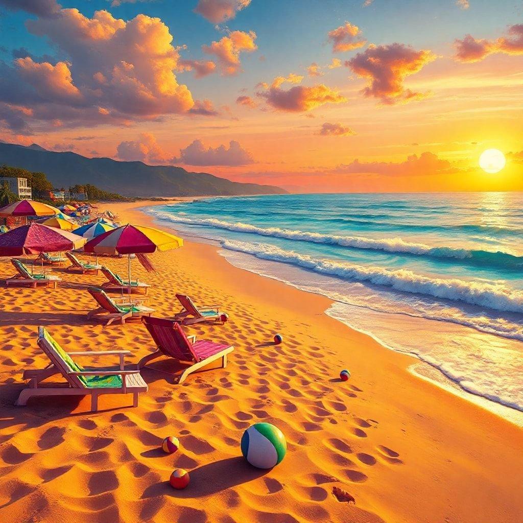 A picturesque beach scene at sunset with straw umbrellas, lounge chairs, and a refreshing ocean view.