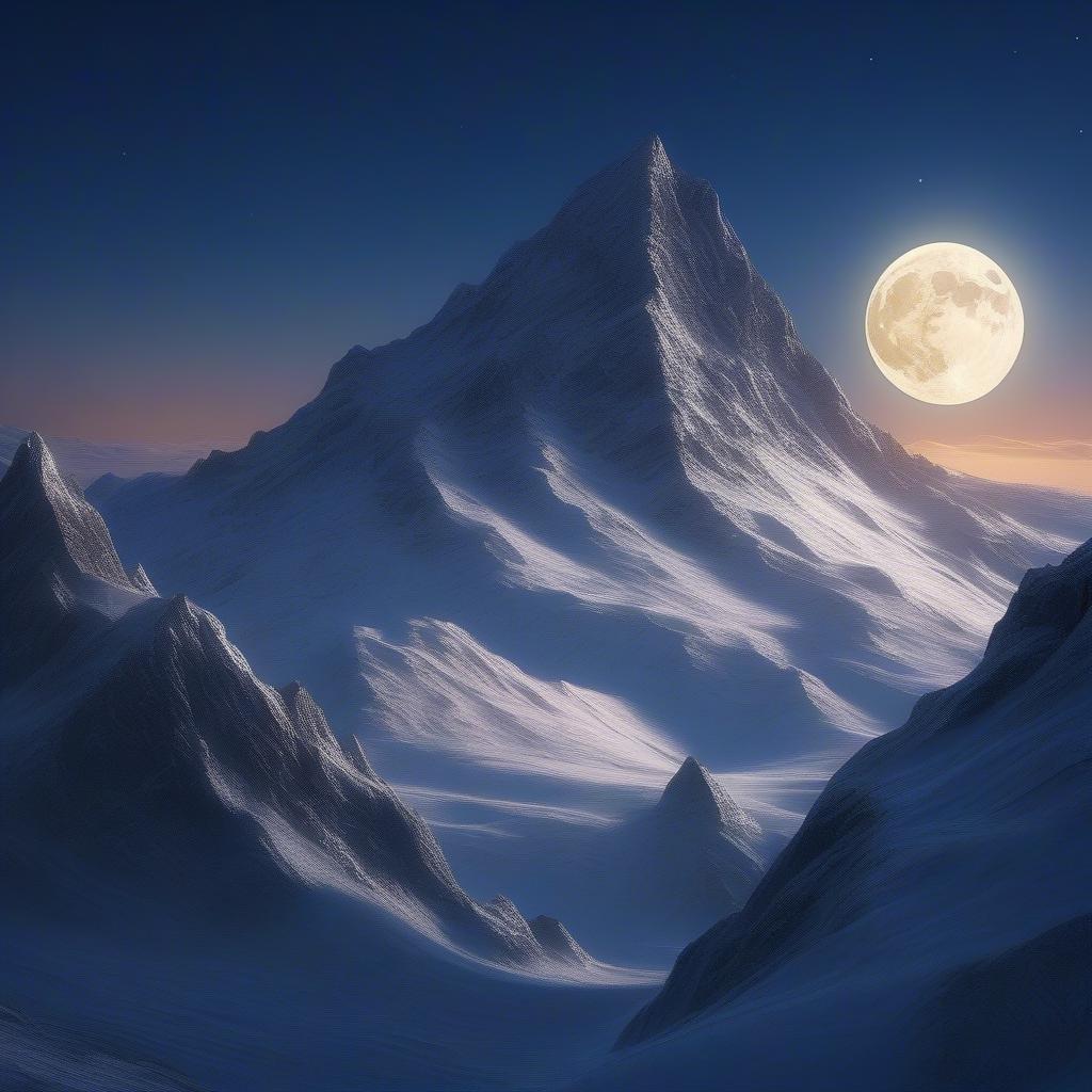 A breathtaking mountainous landscape under a full moon, with a dark blue sky and snow-covered peaks.