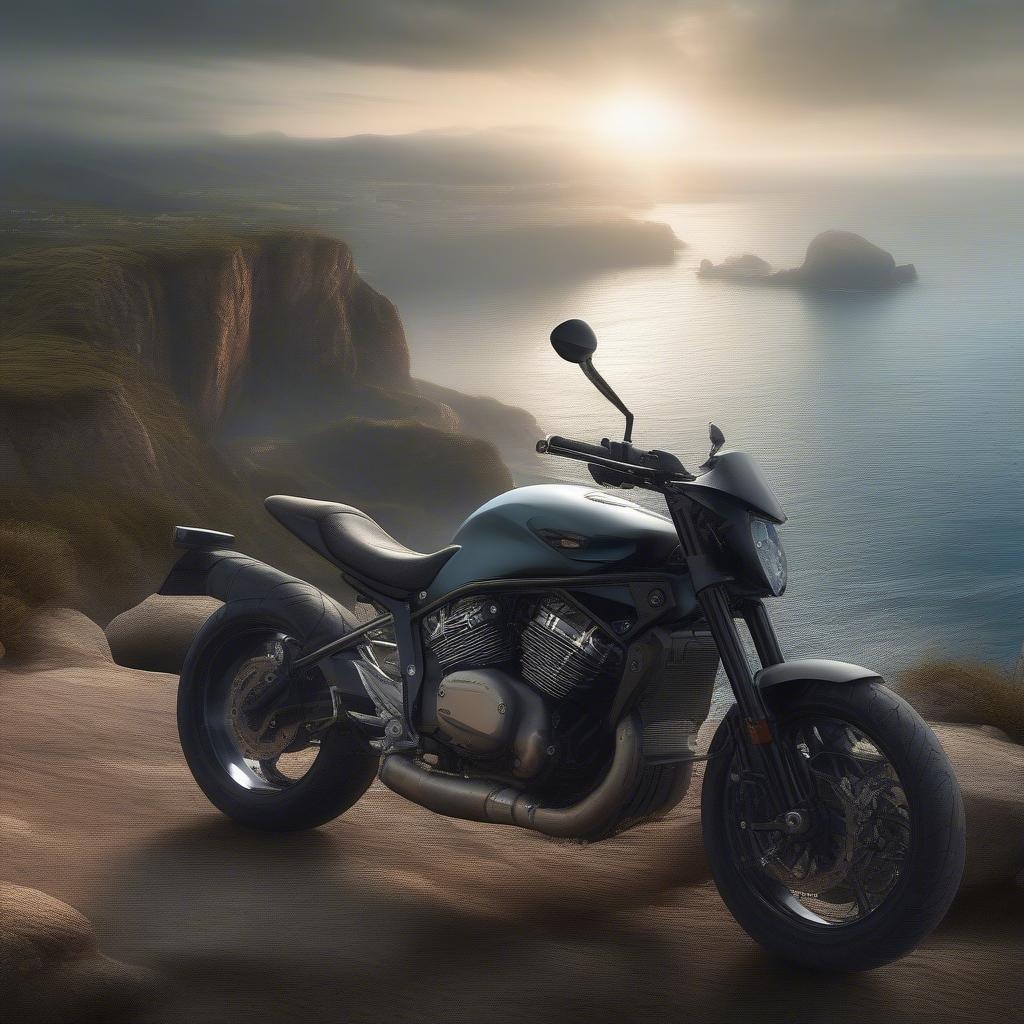 This stunning image captures the essence of freedom and adventure, as a sleek motorcycle is parked on a cliff overlooking the ocean, with the sun setting in the background. The image exudes a sense of excitement and possibility, inviting the viewer to hit the open road and explore new horizons.