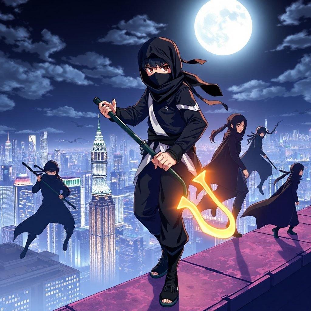 A group of young ninja warriors, dressed in black and white, stand together on a moonlit rooftop. They are poised for action, ready to take on any challenge that comes their way. The vibrant cityscape below glows under the night sky, with towering buildings bathed in moonlight. The trident held by one of the ninjas adds an element of mystery and power to the scene, hinting at their extraordinary skills and readiness for adventure.