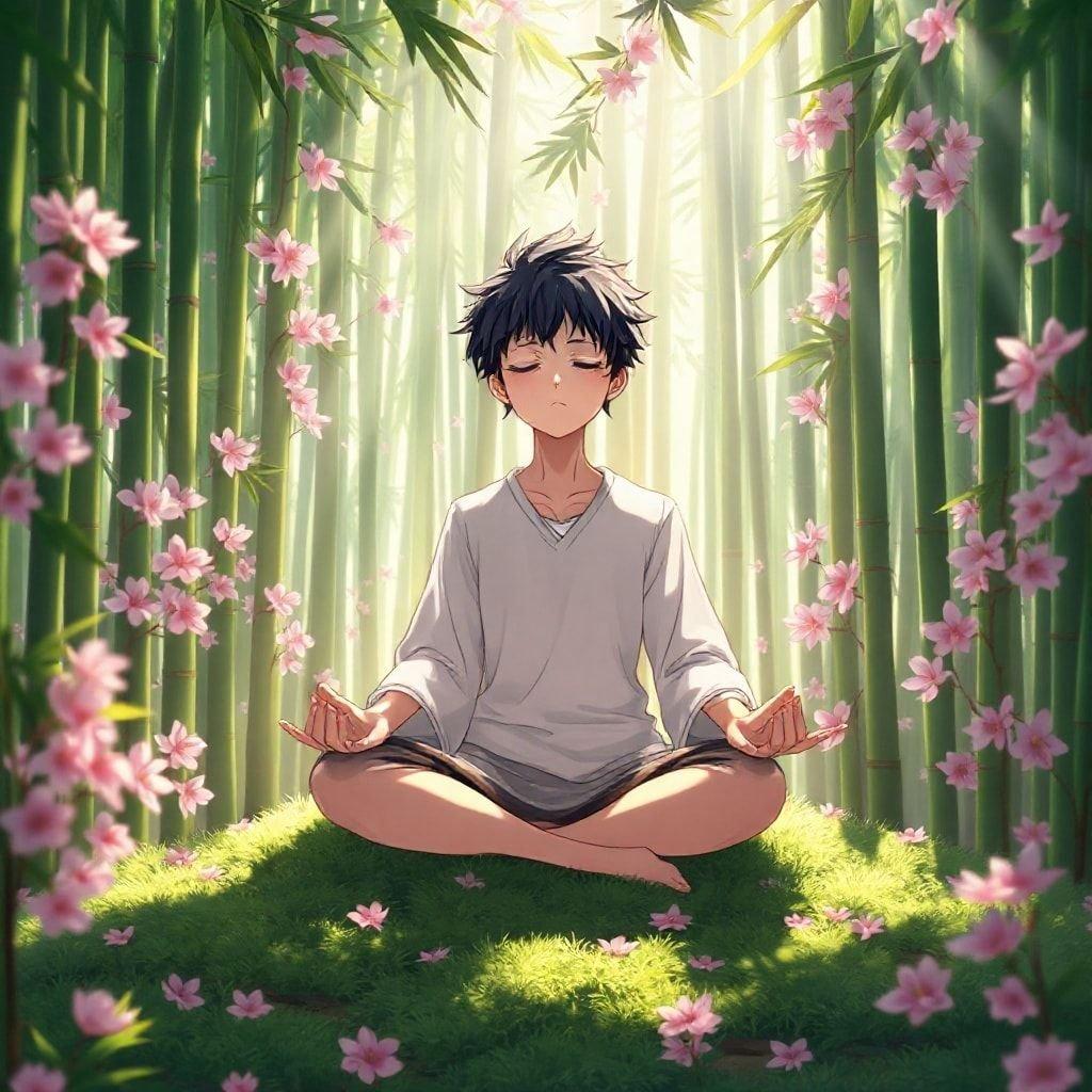 Dieser fesselnde Anime-Hintergrund zeigt einen Charakter in einem Zustand tiefer Meditation, umgeben von der Ruhe eines Bambushains und der Schönheit sanfter rosa Kirschblüten. Das Bild strahlt ein Gefühl von Friedlichkeit aus und lädt den Betrachter ein, in eine Welt der Ruhe und Gelassenheit einzutreten.