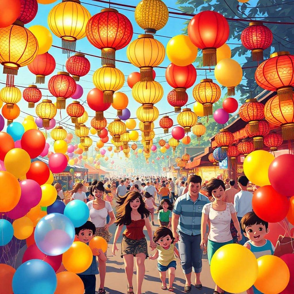 Esta escena animada captura la emoción y el colorido de un festival callejero al aire libre. La gente disfruta de la atmósfera festiva, caminando entre globos y faroles que añaden un ambiente alegre al cielo.