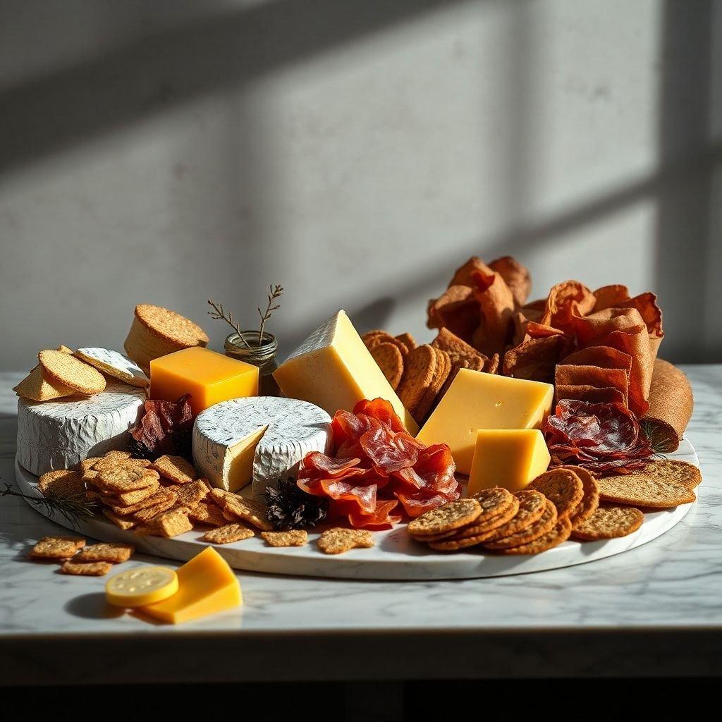 A delicious assortment of artisan cheeses, salami, nuts, and cookies arranged in a casual spread perfect for any party or gathering.