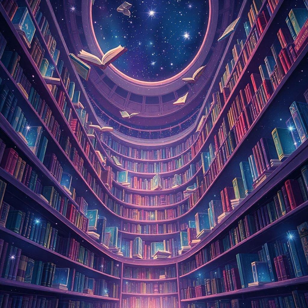 Une bibliothèque magique la nuit, entourée d'étoiles, vous invitant à plonger dans un monde d'imagination.